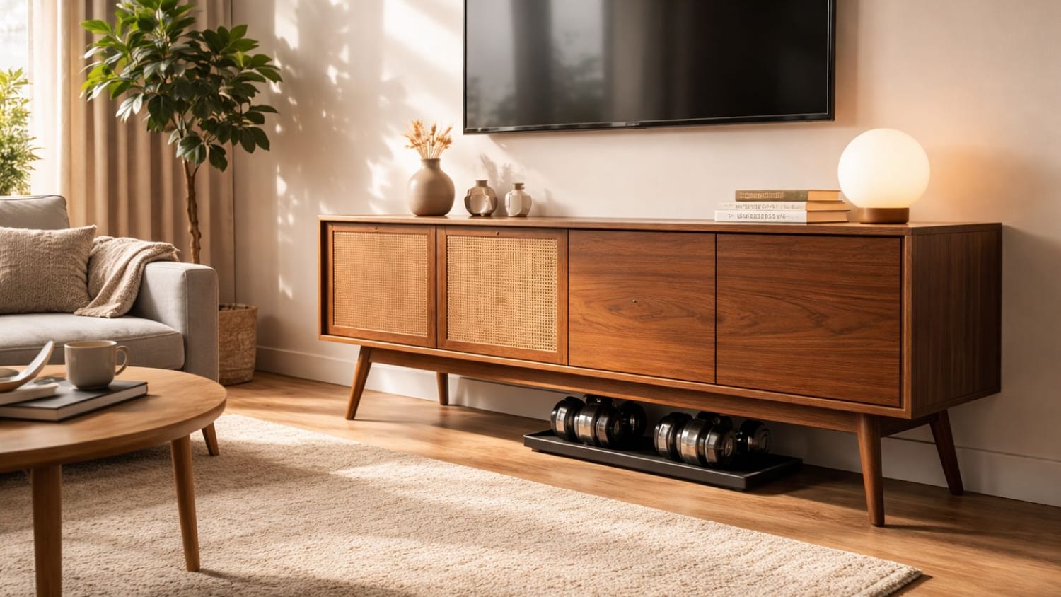 Adjustable dumbbells stored under apartment furniture