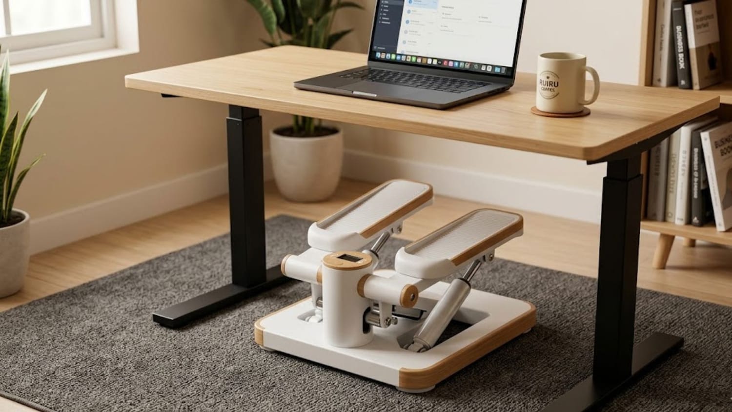 Mini stepper in use under a standing desk during a work-from-home session