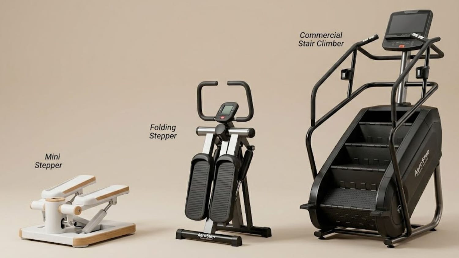 Side-by-side comparison of a mini stepper, full-size stepper, and stair climber machine