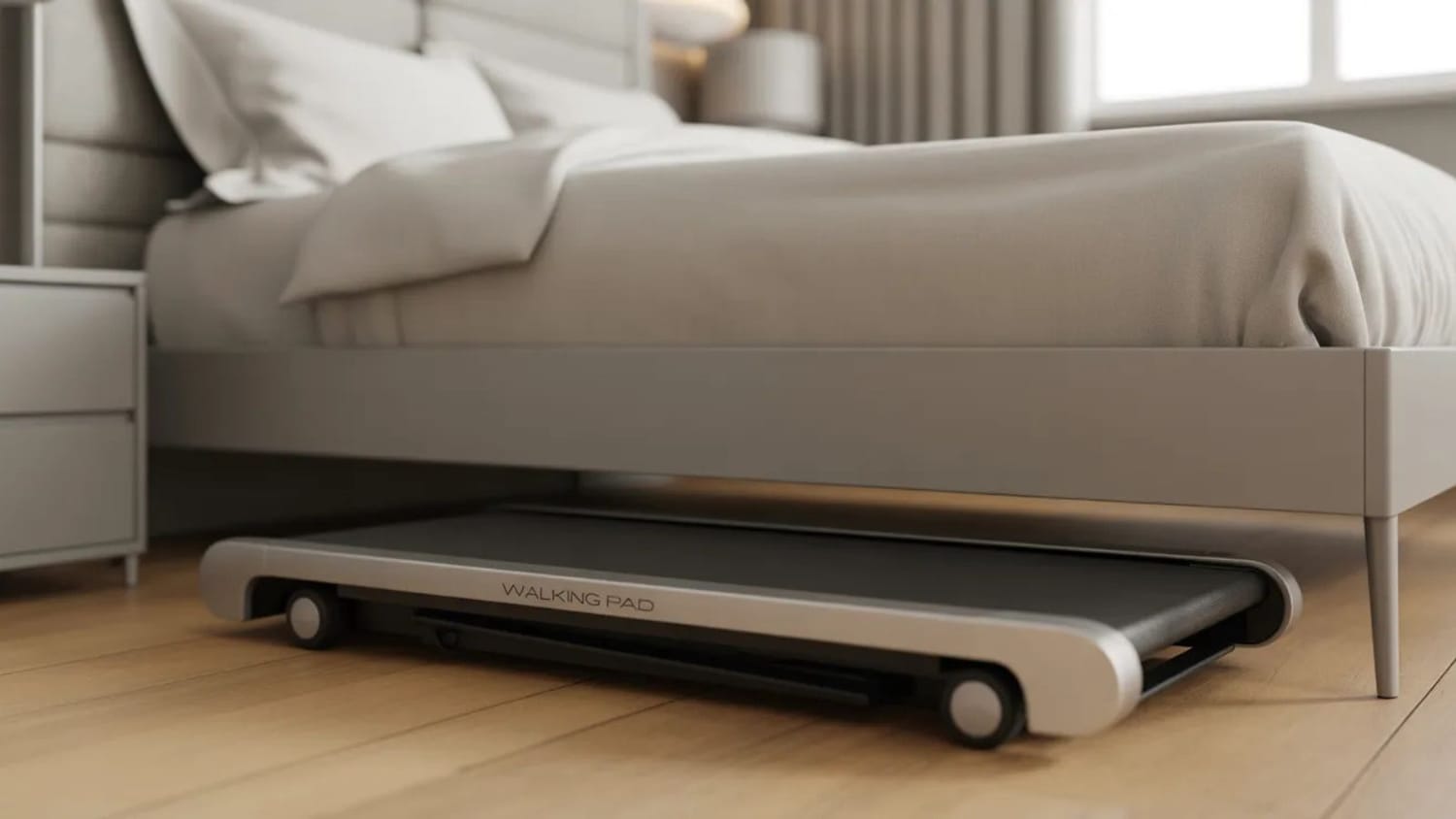 Ultra-thin walking pad sliding under a bed frame for space-saving storage
