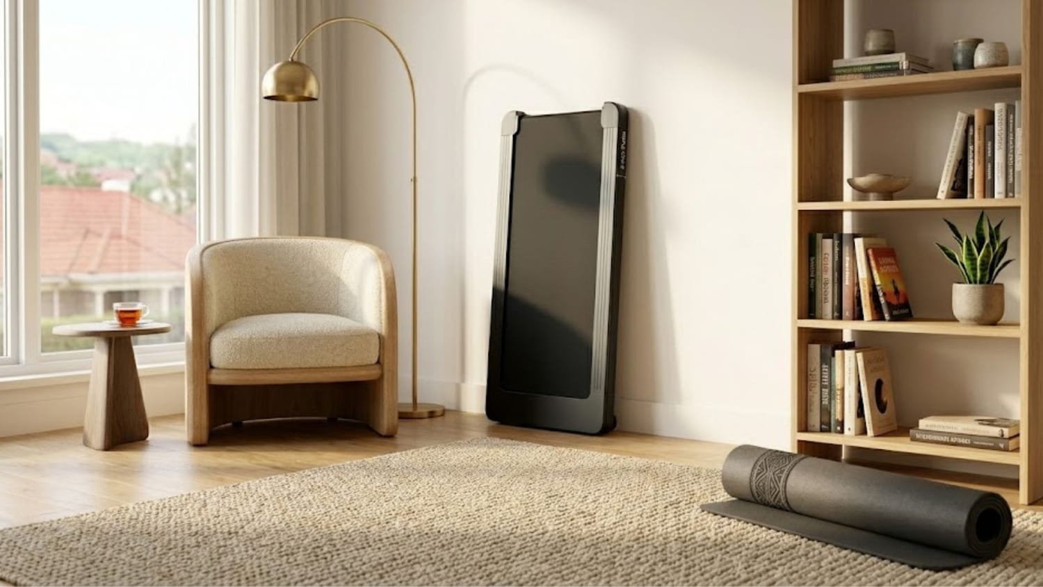 Compact folding treadmill stored upright against a wall in a modern studio apartment