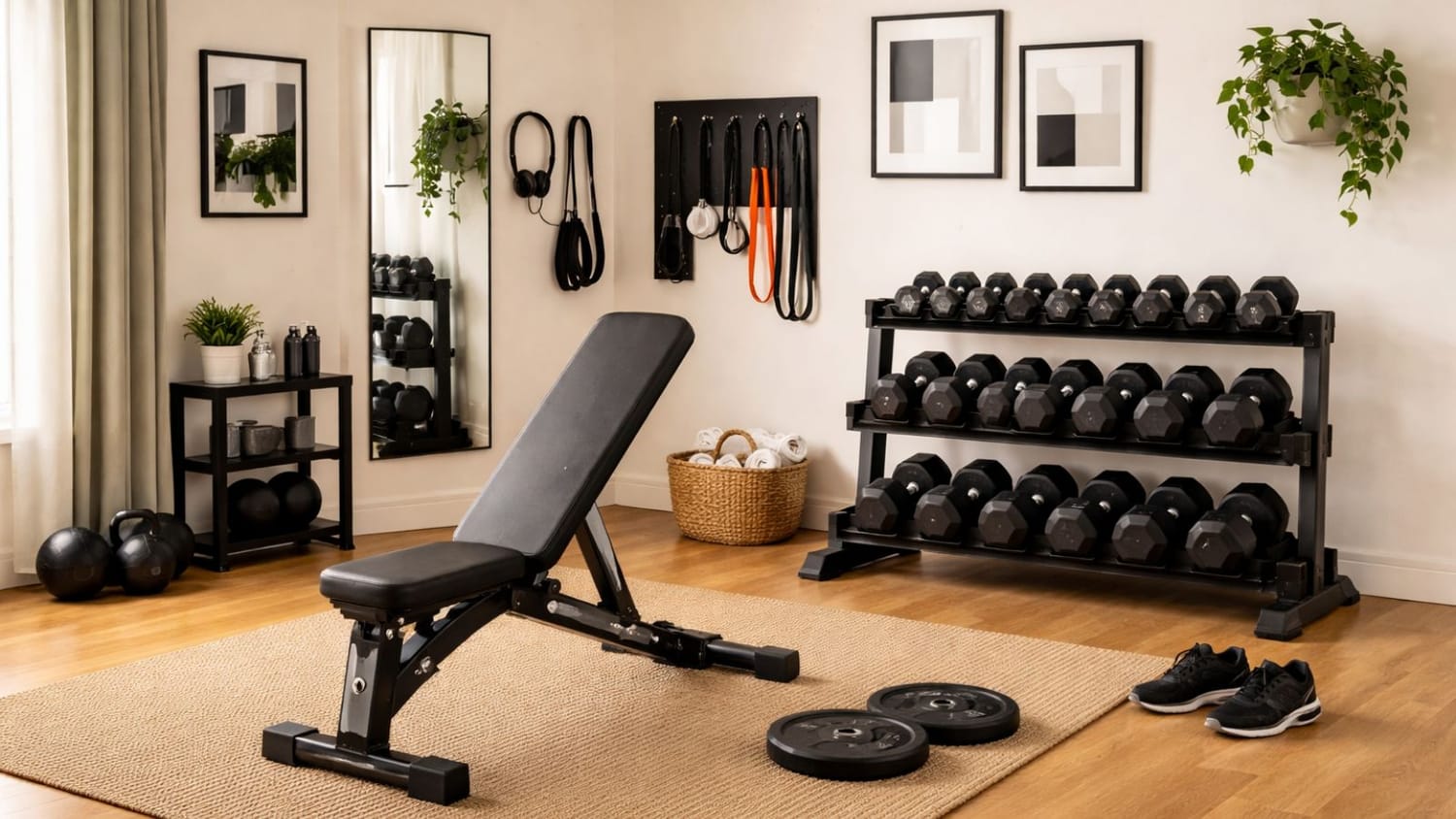 small apartment home gym setup minimalist living room space saving workout area