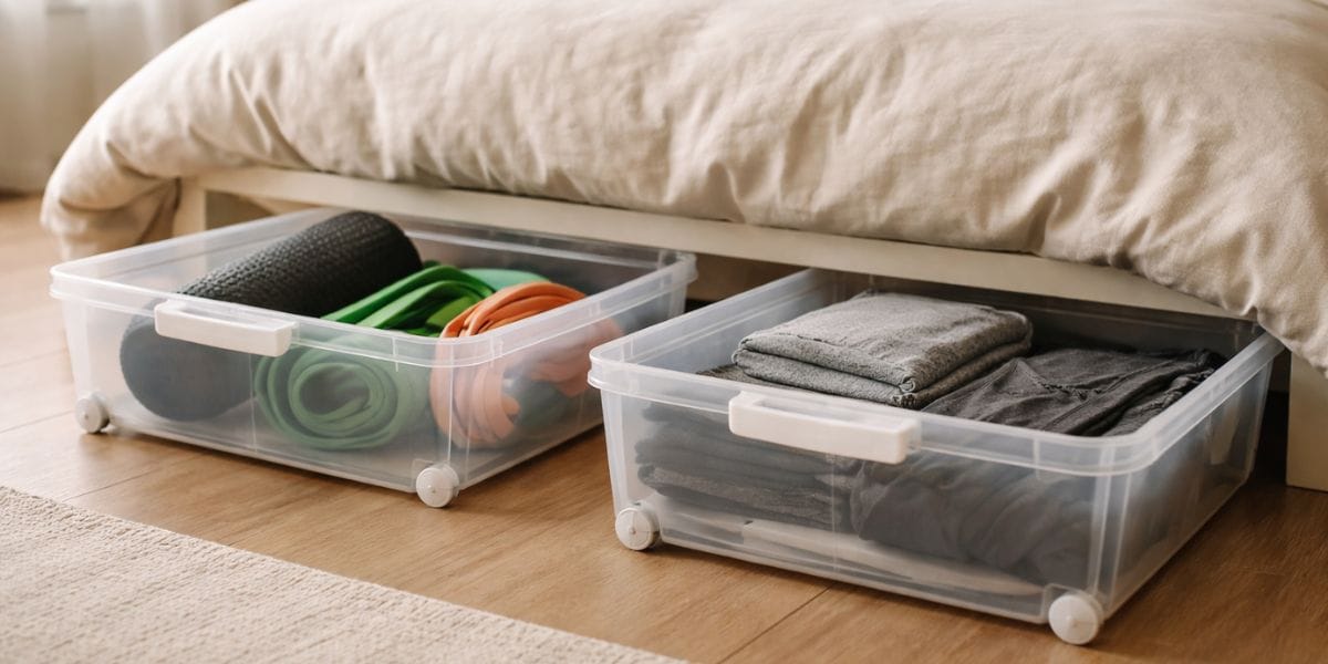 Rolling storage bins being pulled out from beneath a styled apartment bed, showing gym gear and folded clothes organised inside