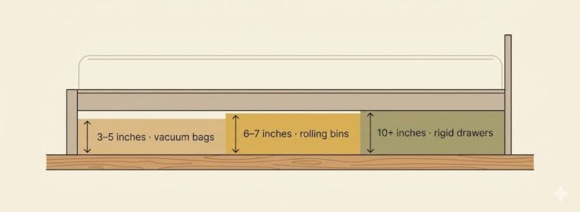 Side-view diagram of a bed frame showing three clearance zones: 3–5 inches for vacuum bags, 6–7 inches for rolling bins, and 10 or more inches for rigid drawers