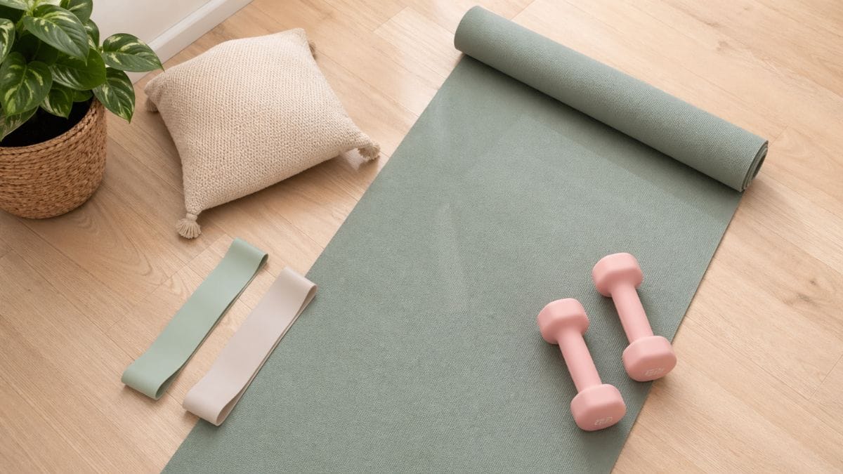 Minimal home workout setup for pregnant women — yoga mat, resistance bands and light dumbbells