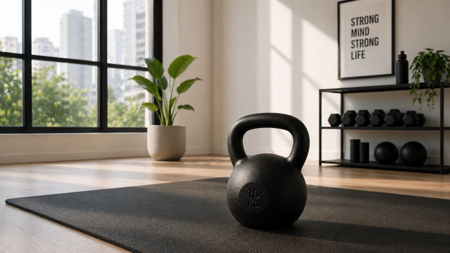 Single matte black kettlebell in a sunlit minimalist apartment home gym