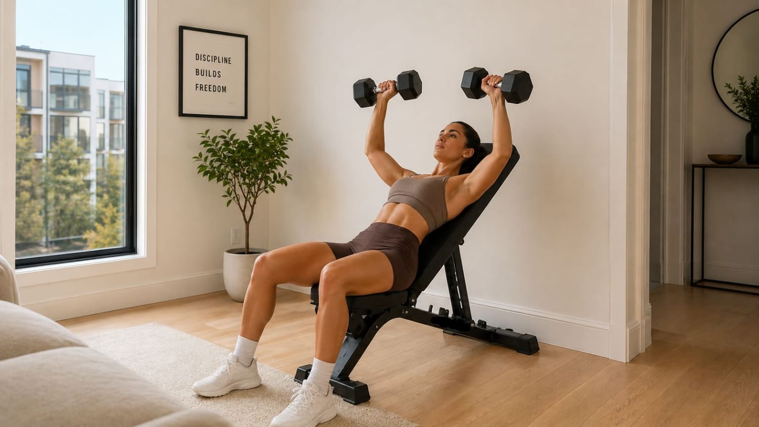 Woman doing incline dumbbell press on an adjustable weight bench in a small apartment home gym