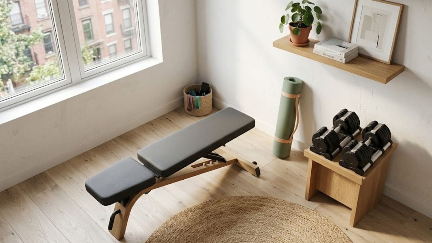 Compact home gym setup with foldable adjustable weight bench and dumbbells in a small apartment corner