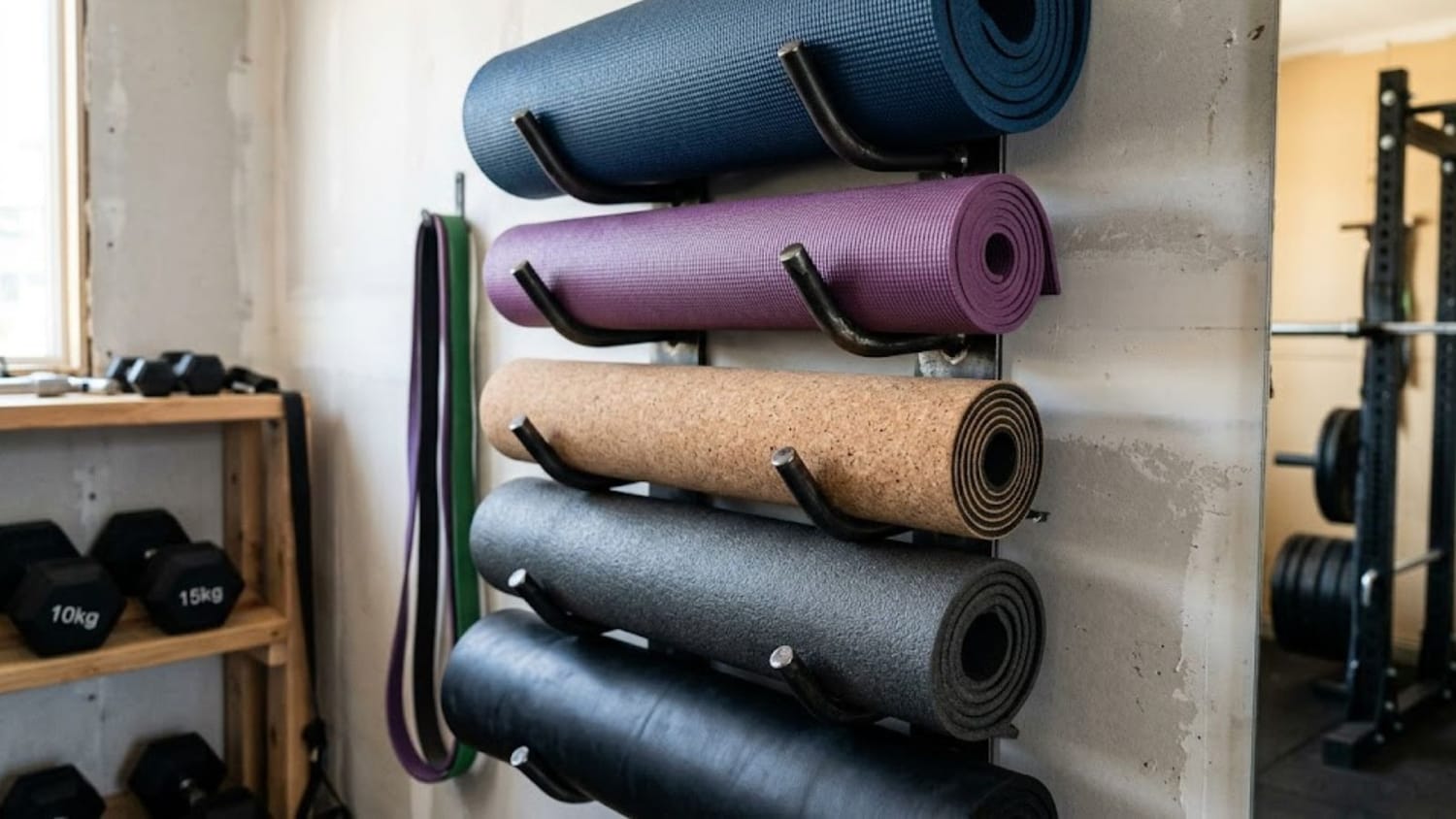 different yoga mat types stored on wall hooks in small gym