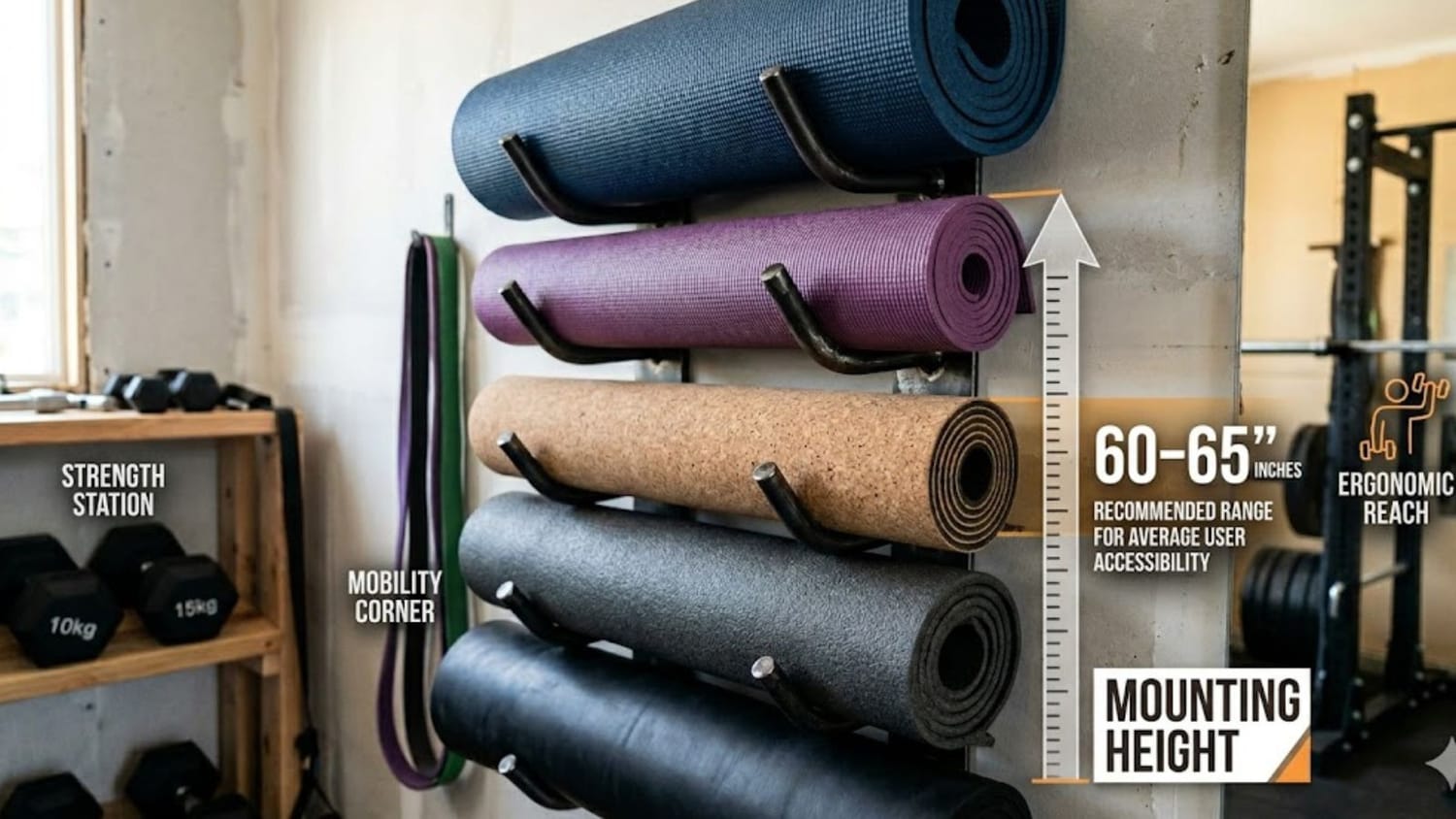 yoga mat wall hook installation height diagram — 60 to 65 inches from floor