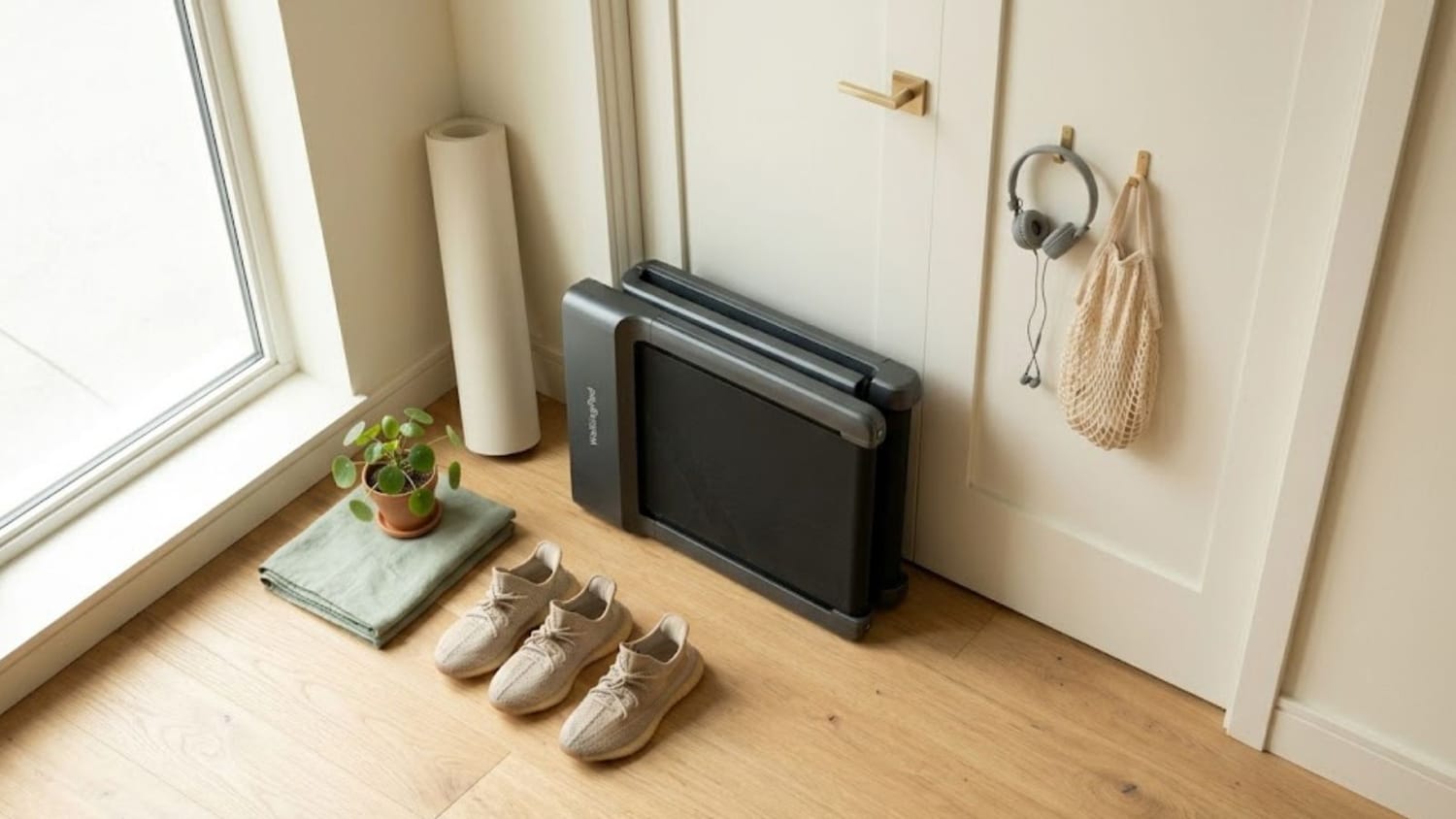 Folded compact treadmill stored upright beside apartment closet door