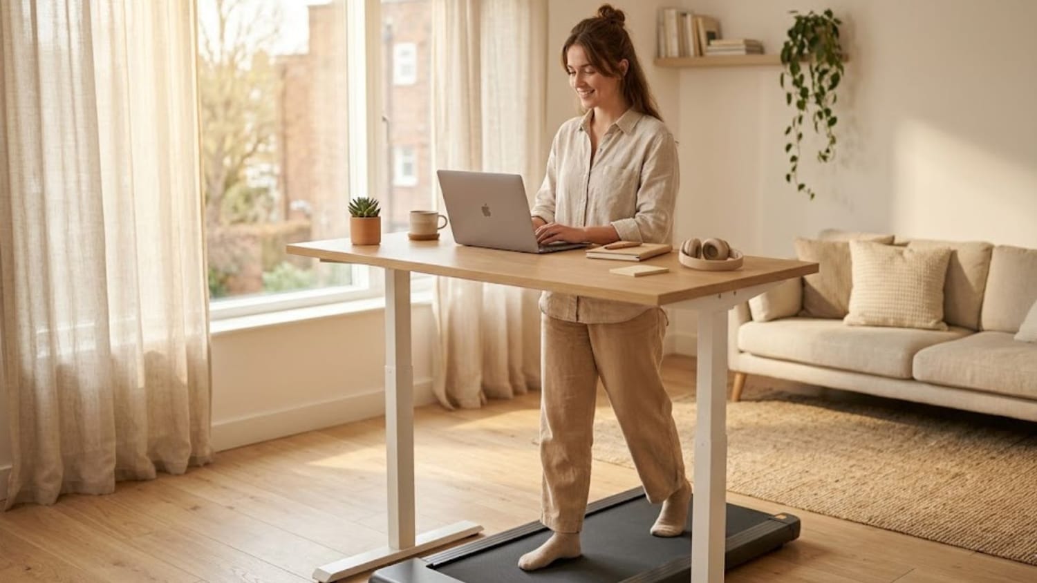Woman walking on under-desk treadmill while working from home in a bright apartment