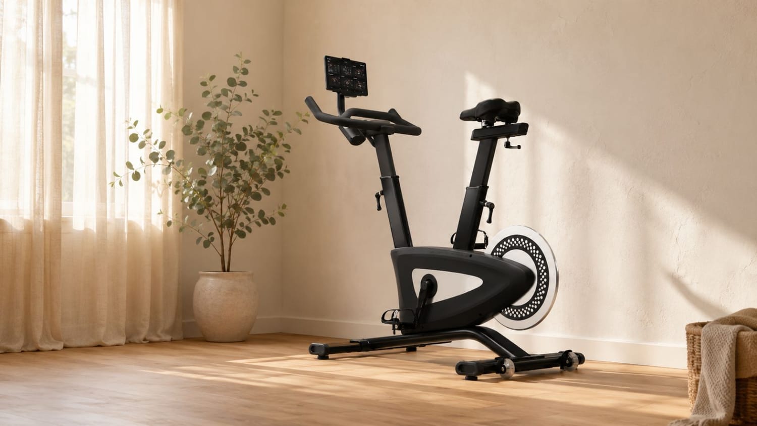 CAROL Bike positioned in a modern apartment gym corner with compact furniture, showcasing a space-saving indoor cycling setup for small apartments and home gyms.
