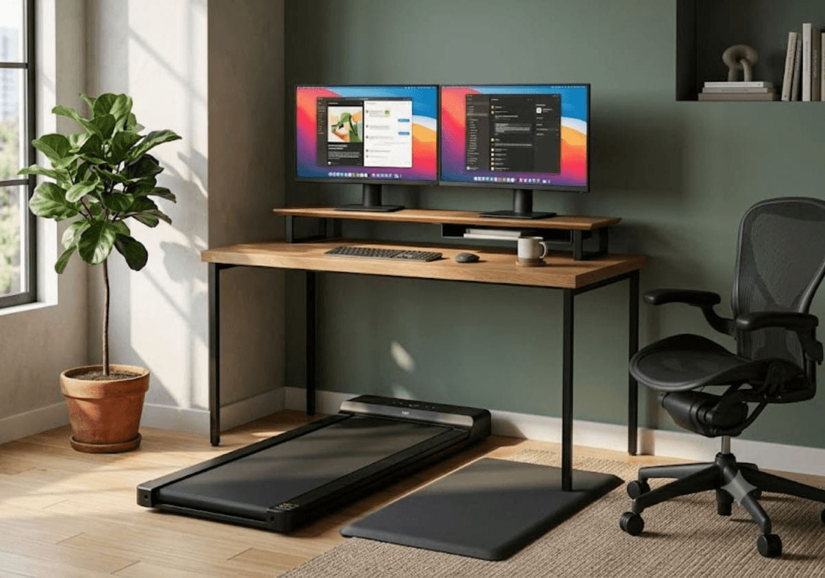 Standing desk and walking pad WFH setup
