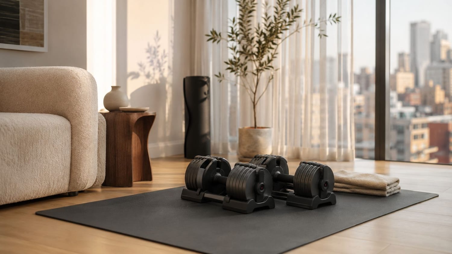 Adjustable dumbbell set stacked in a small apartment corner