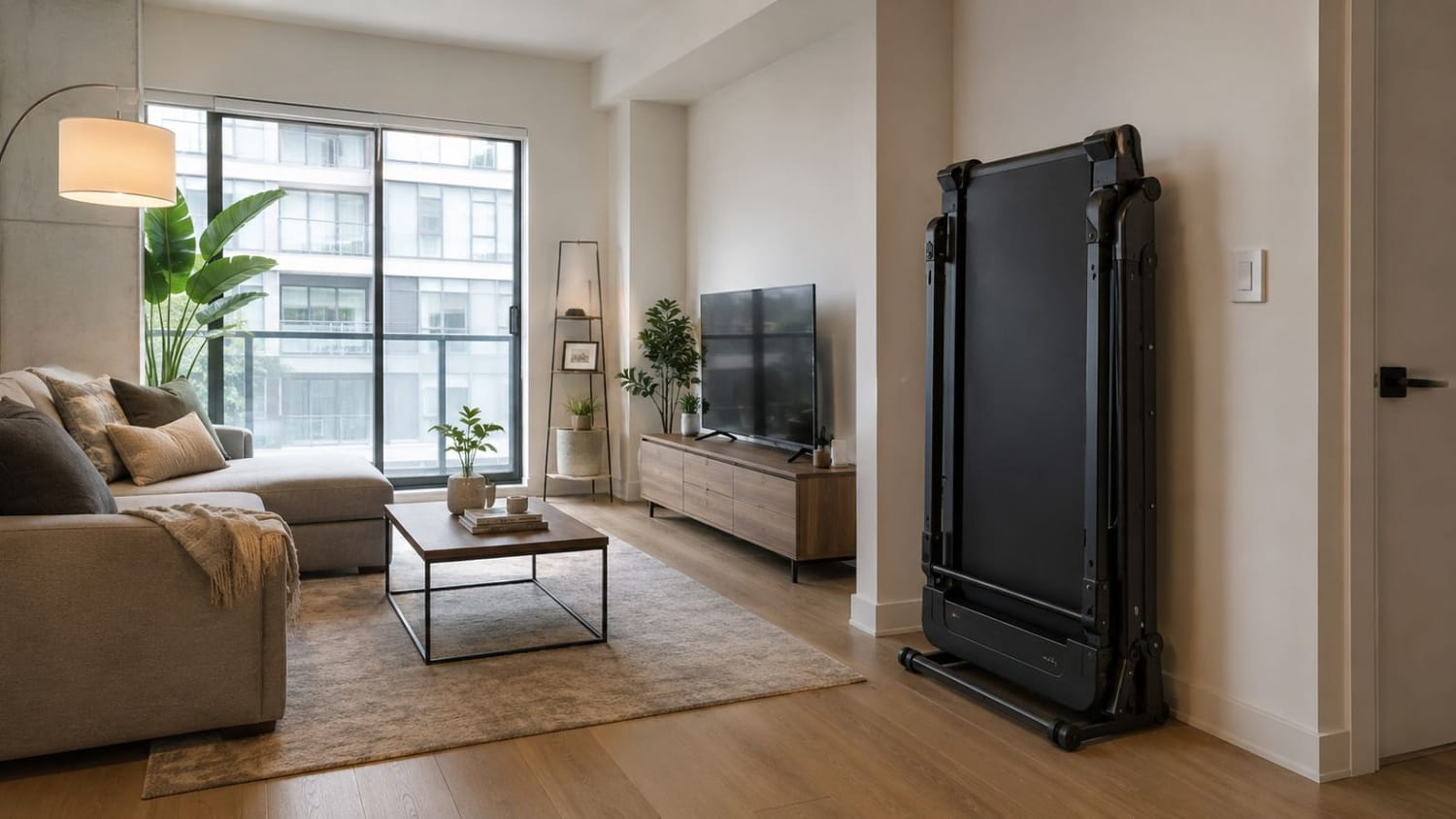 Foldable treadmill stored upright in a modern apartment living room