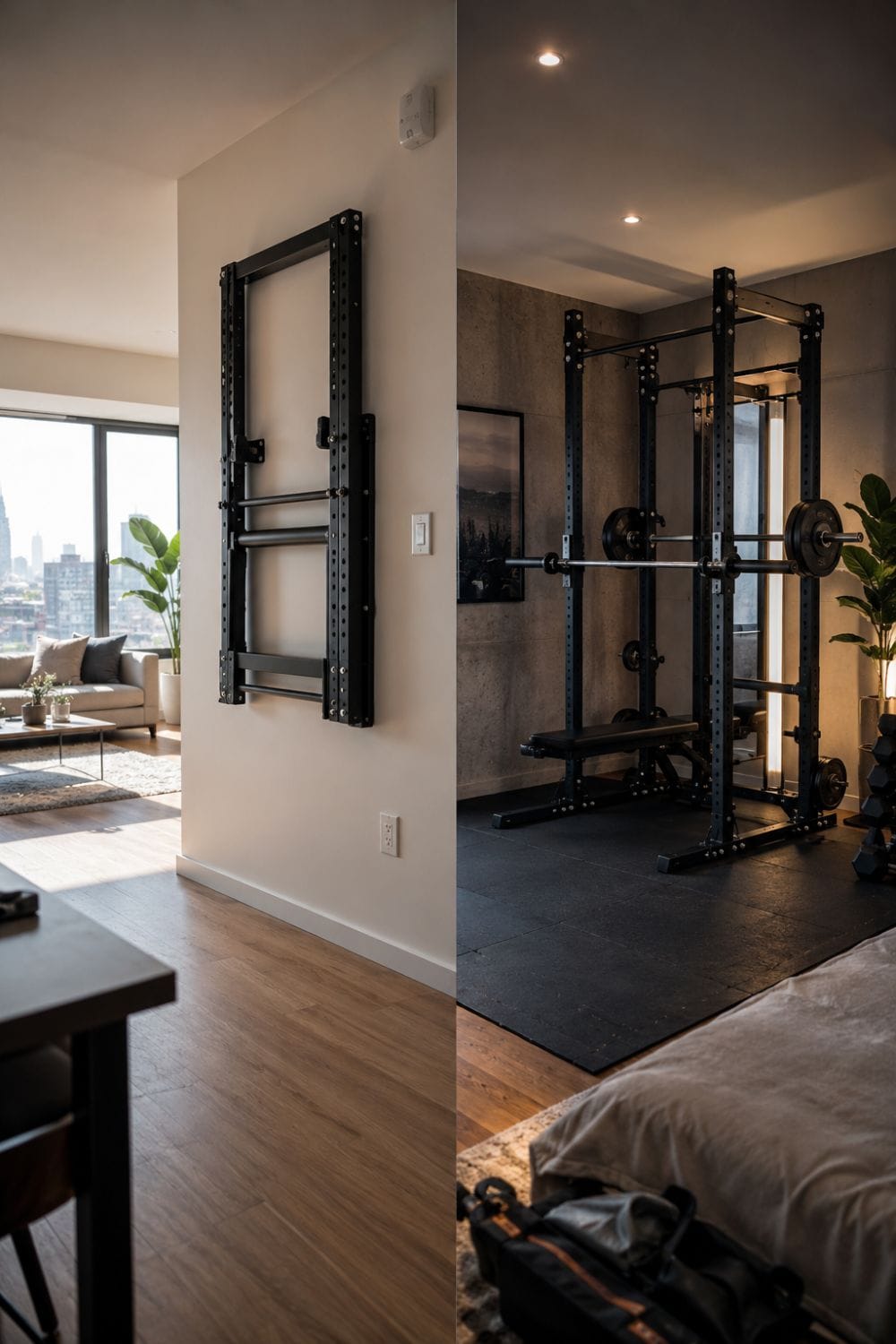 Wall-mounted foldable squat rack compared to a folding power rack in a small apartment gym