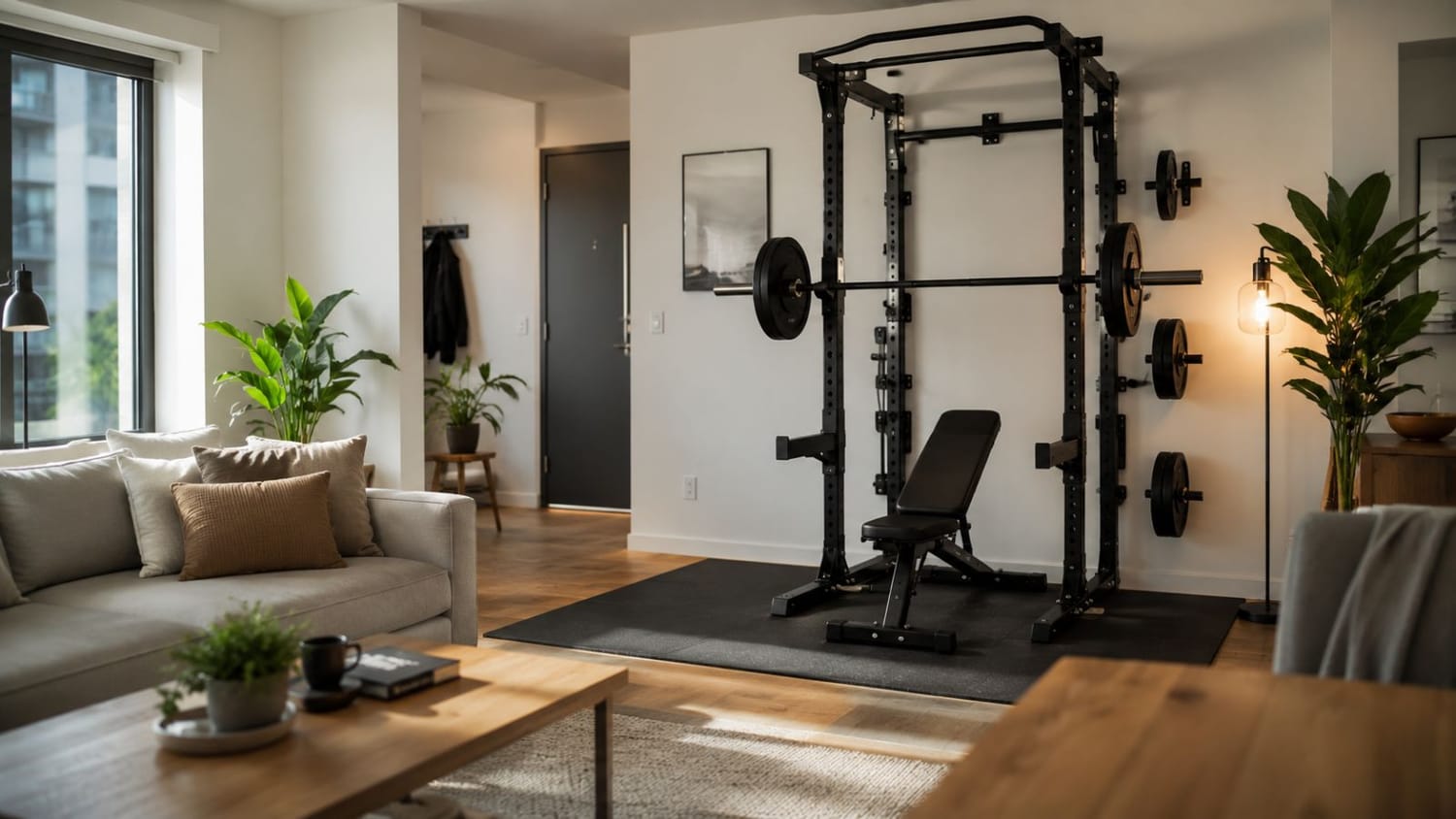 Compact folding squat rack integrated into a modern apartment living room with Scandinavian interior design