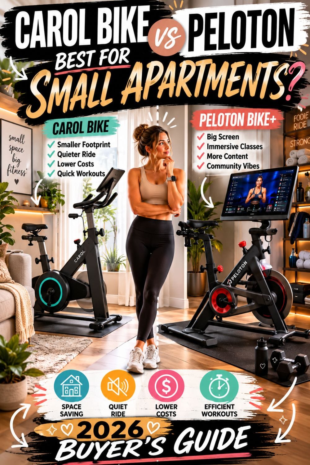 CAROL Bike vs Peloton Bike Plus comparison for small apartments covering space requirements, noise levels, cost, and workout experience.