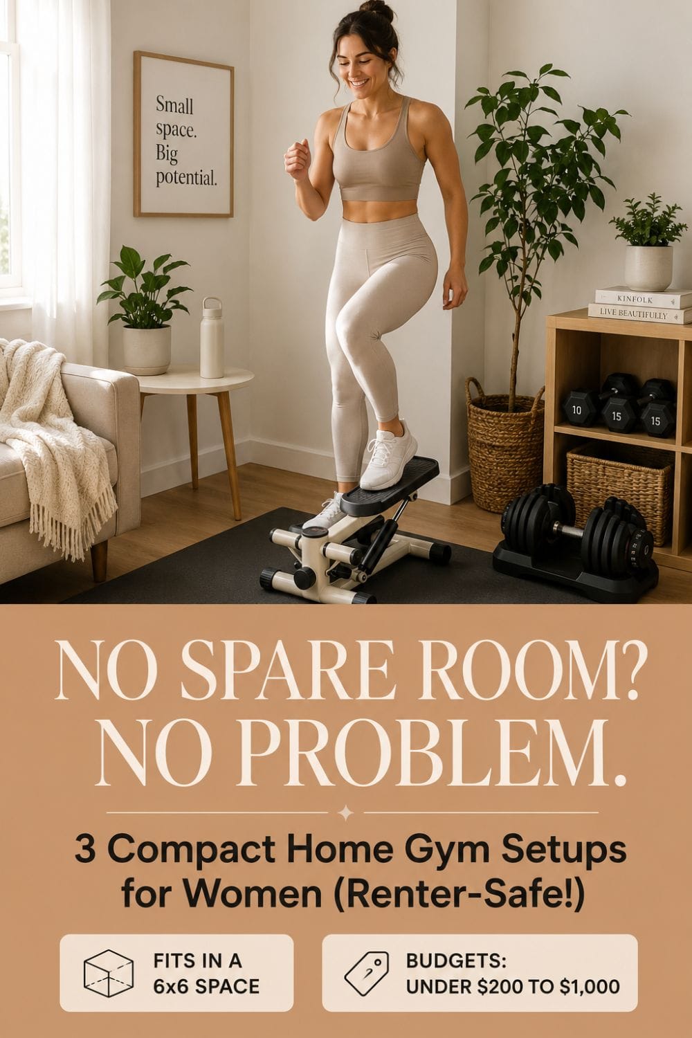 Small apartment home gym for women featuring a mini stepper, adjustable dumbbells, and space-saving workout equipment in a bright living room.
