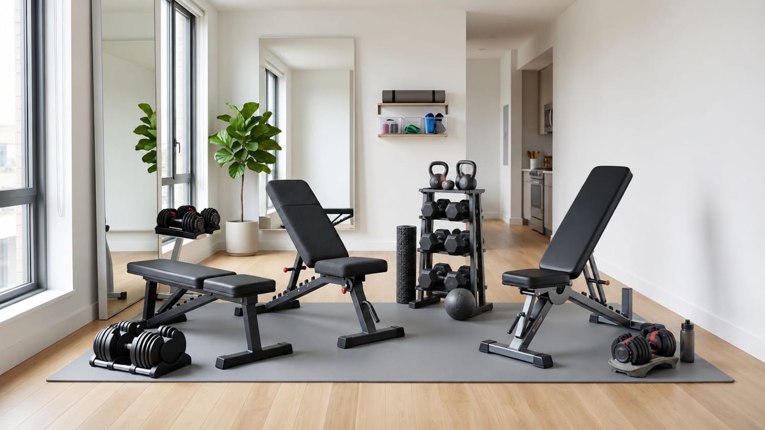 Foldable weight bench leaning against a wall to save space
