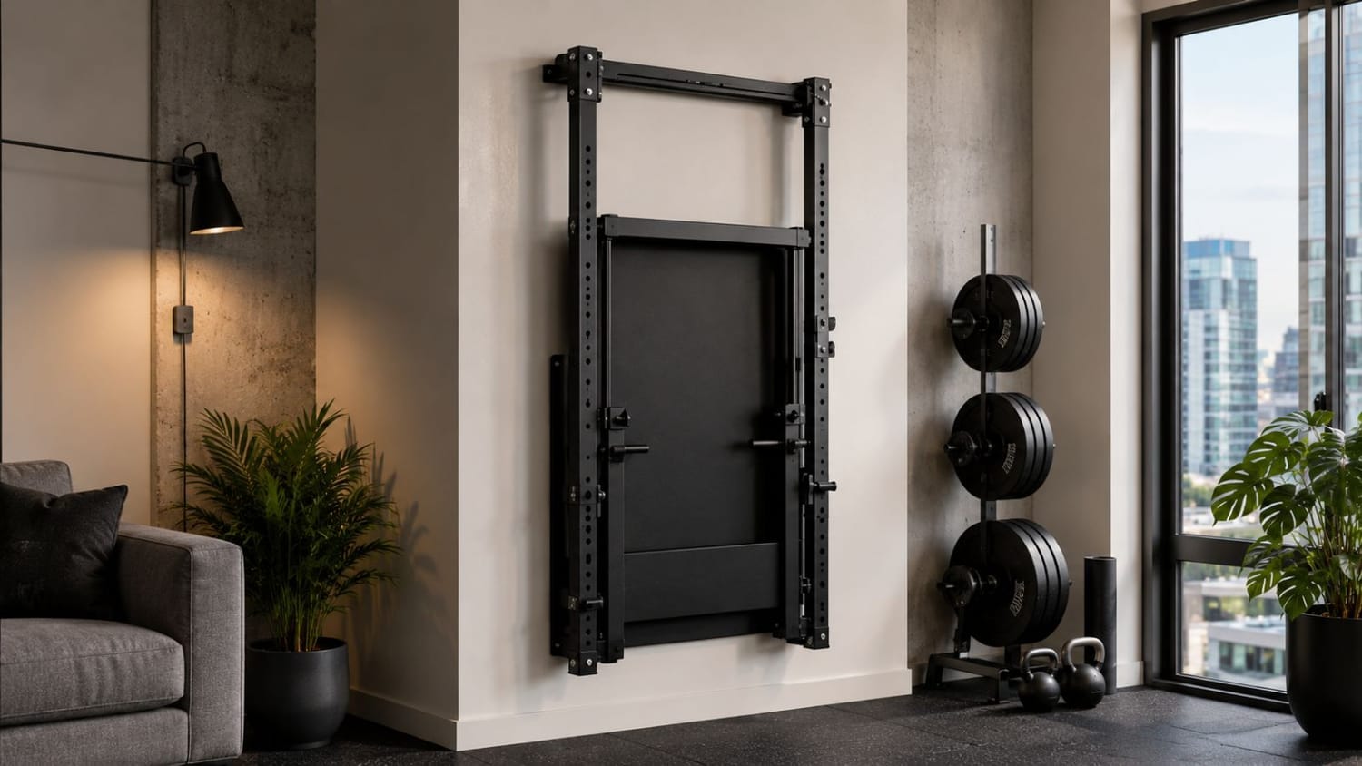 Wall-mounted foldable squat rack installed in a small apartment gym corner