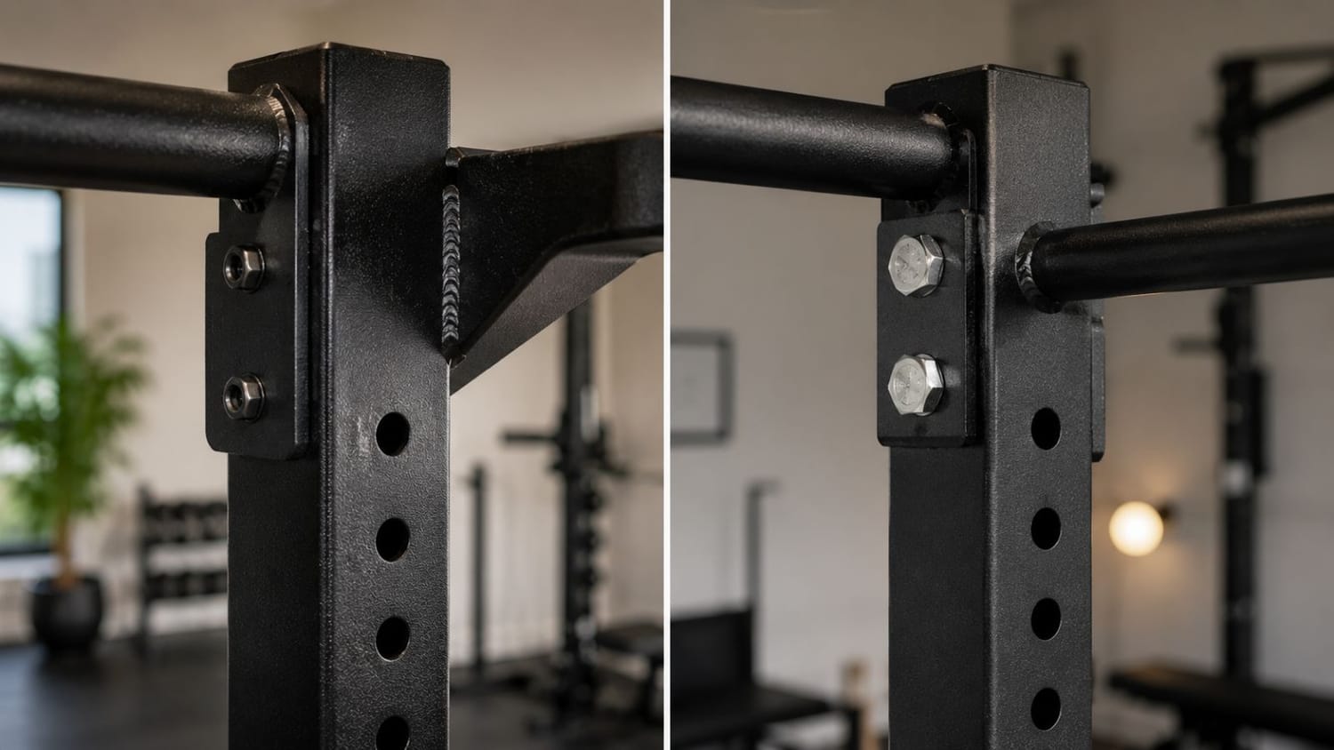 Close-up comparison of foldable squat rack steel construction and weld quality