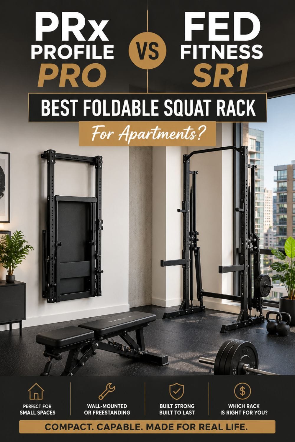 PRx Profile PRO vs FED Fitness SR1 best foldable squat rack for apartments Pinterest pin