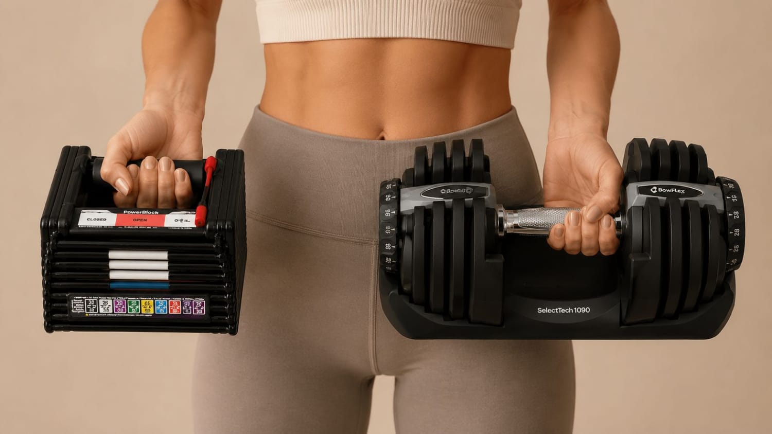 Size comparison between compact PowerBlock block-style dumbbell and Bowflex SelectTech cradle-style dumbbell held side by side