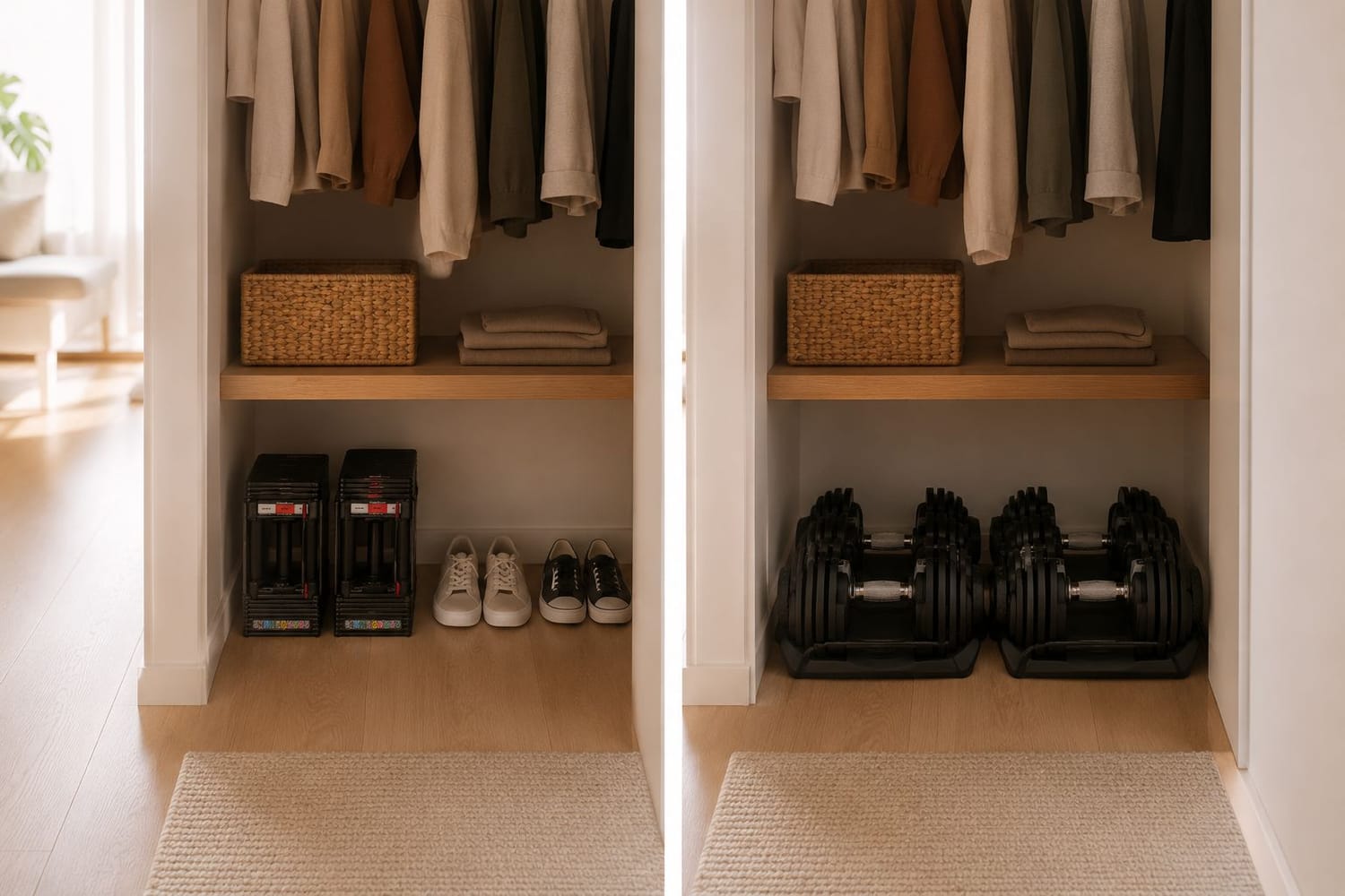 Adjustable dumbbell closet storage comparison — PowerBlock upright vs Bowflex SelectTech cradle footprint in small apartment closet