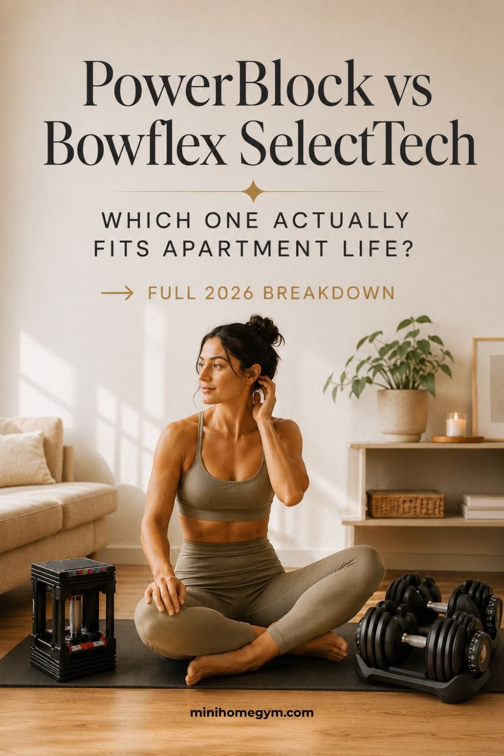 PowerBlock vs Bowflex SelectTech adjustable dumbbells for small apartments — 2026 comparison pin by MiniHomeGym.com