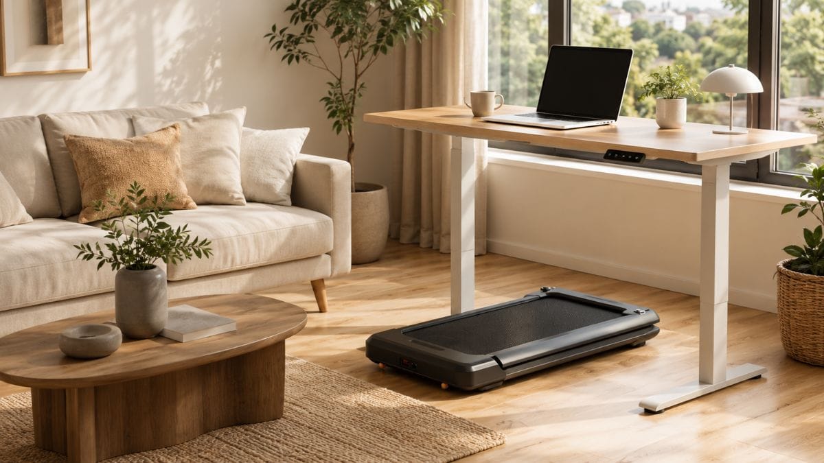 WalkingPad C2 foldable walking pad beneath a standing desk in a modern apartment living room