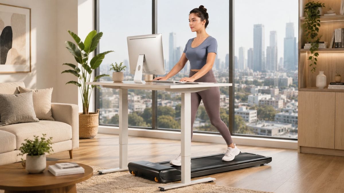 WalkingPad A1 Pro foldable walking pad used with a standing desk in a luxury apartment home office