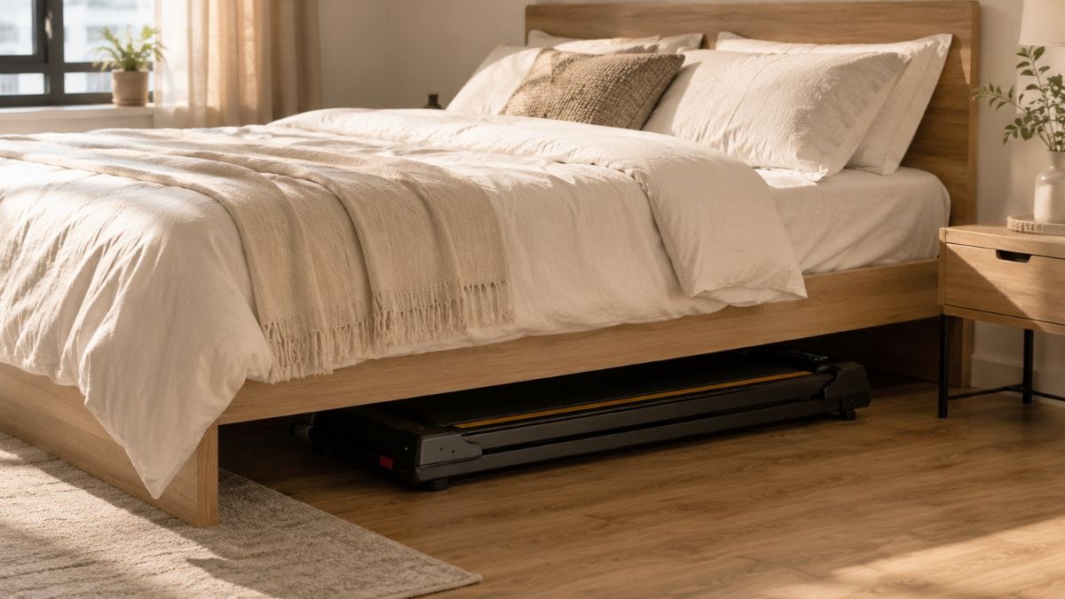 Budget walking pad stored flat under a bed in a small apartment bedroom