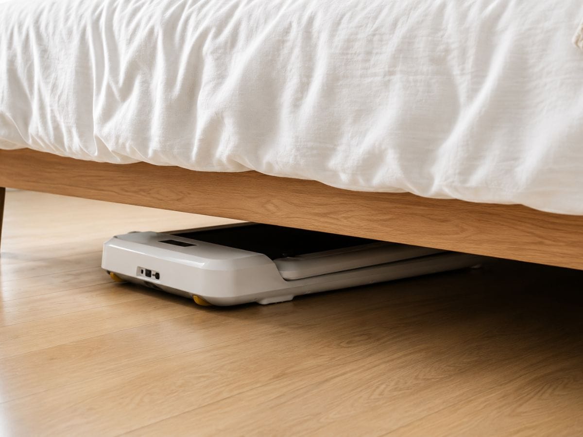 WalkingPad C2 stored flat under a bed in a small apartment