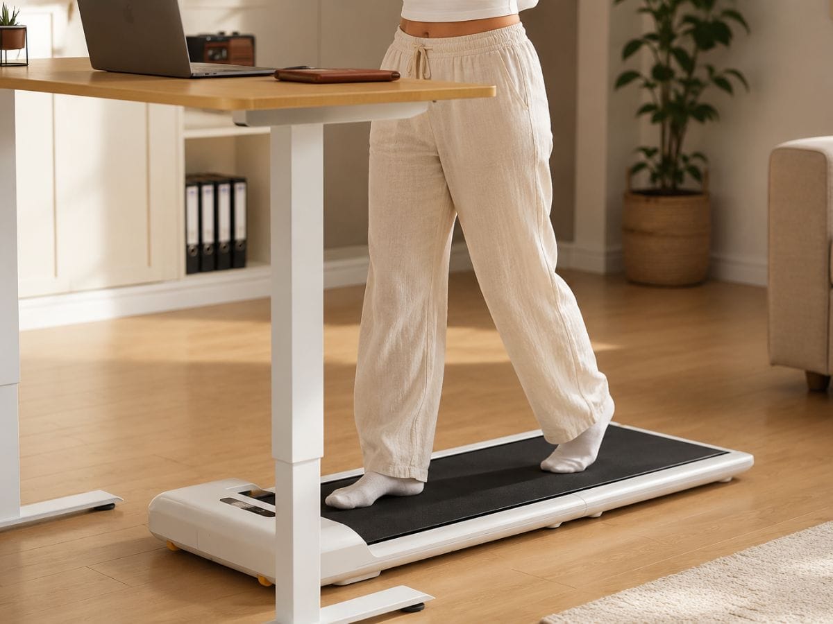 Woman walking on WalkingPad C2 under standing desk while working from home