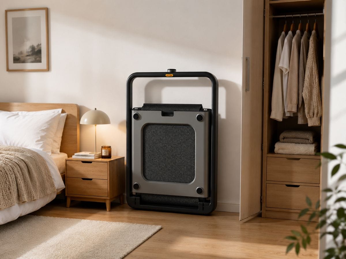 WalkingPad X21 folded vertically for compact apartment storage