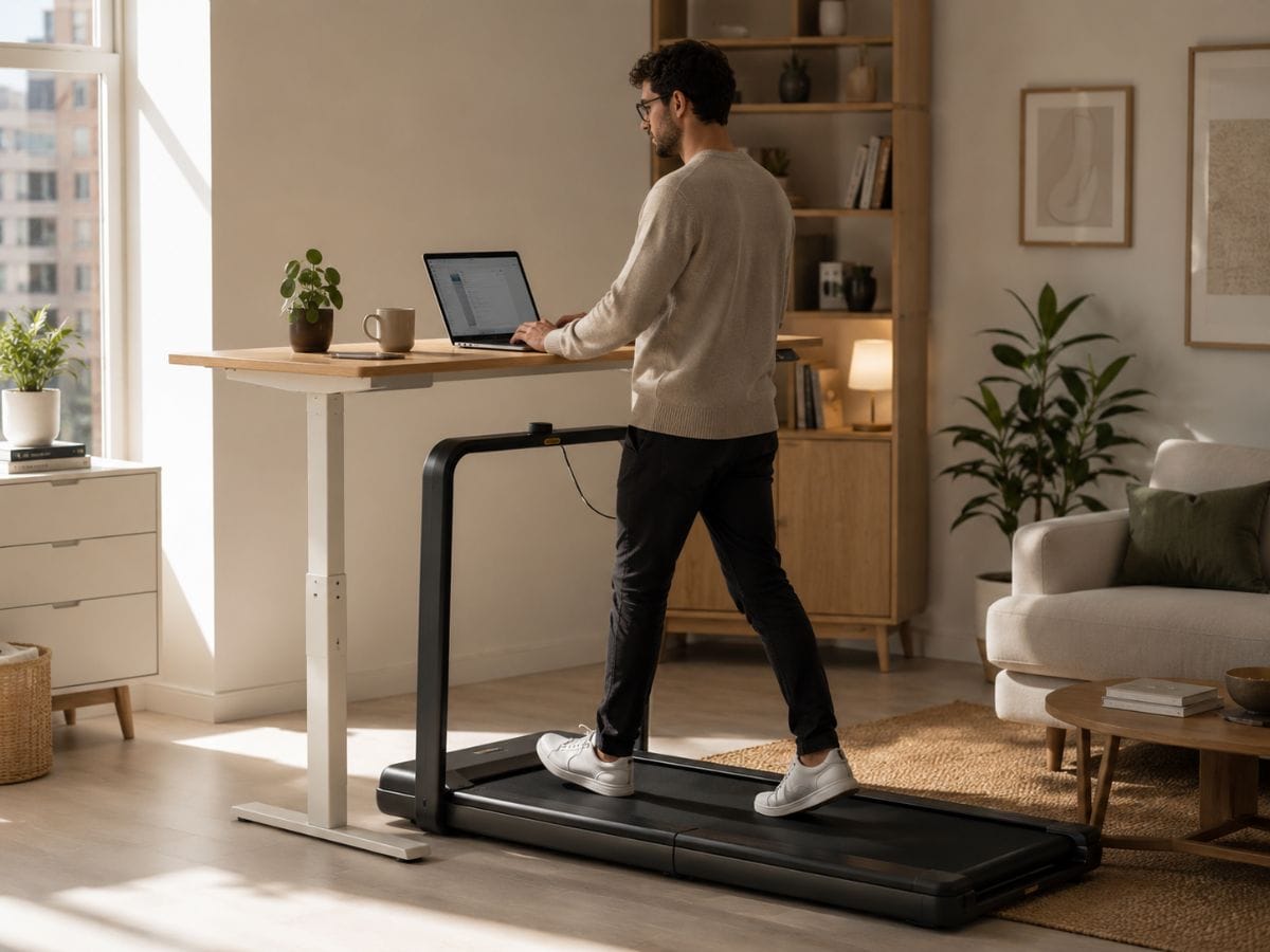 Person walking on the WalkingPad X21 while working at a standing desk in a quiet apartment