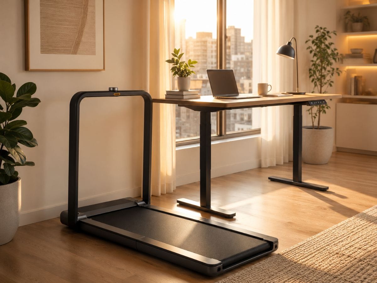WalkingPad X21 in a bright Scandinavian apartment ready for a morning walking session
