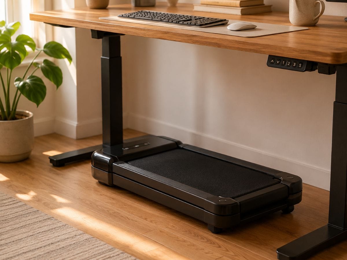 WalkingPad A1 Pro slim profile — fits under standing desk in apartment