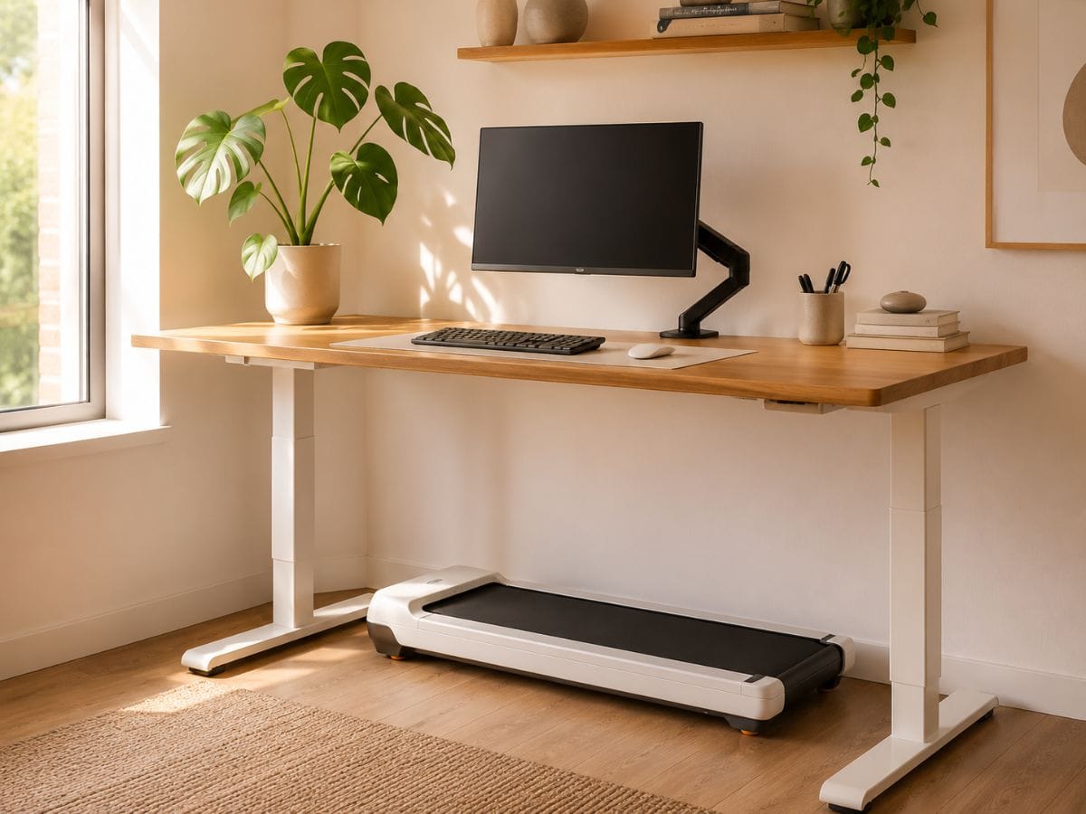 Walking pad stored under standing desk — small apartment home office aesthetic