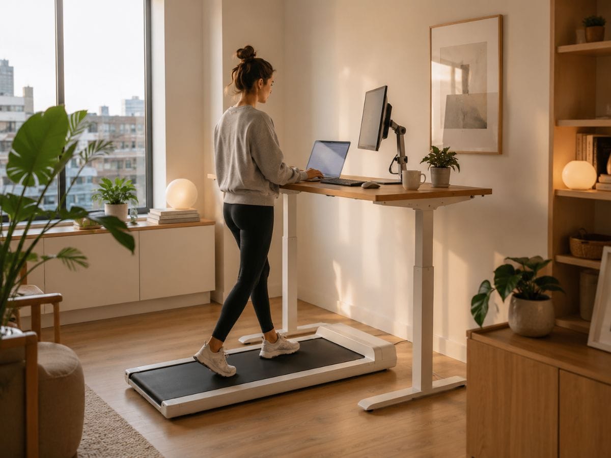 Woman walking on a walking pad while working at a standing desk in a minimalist apartment