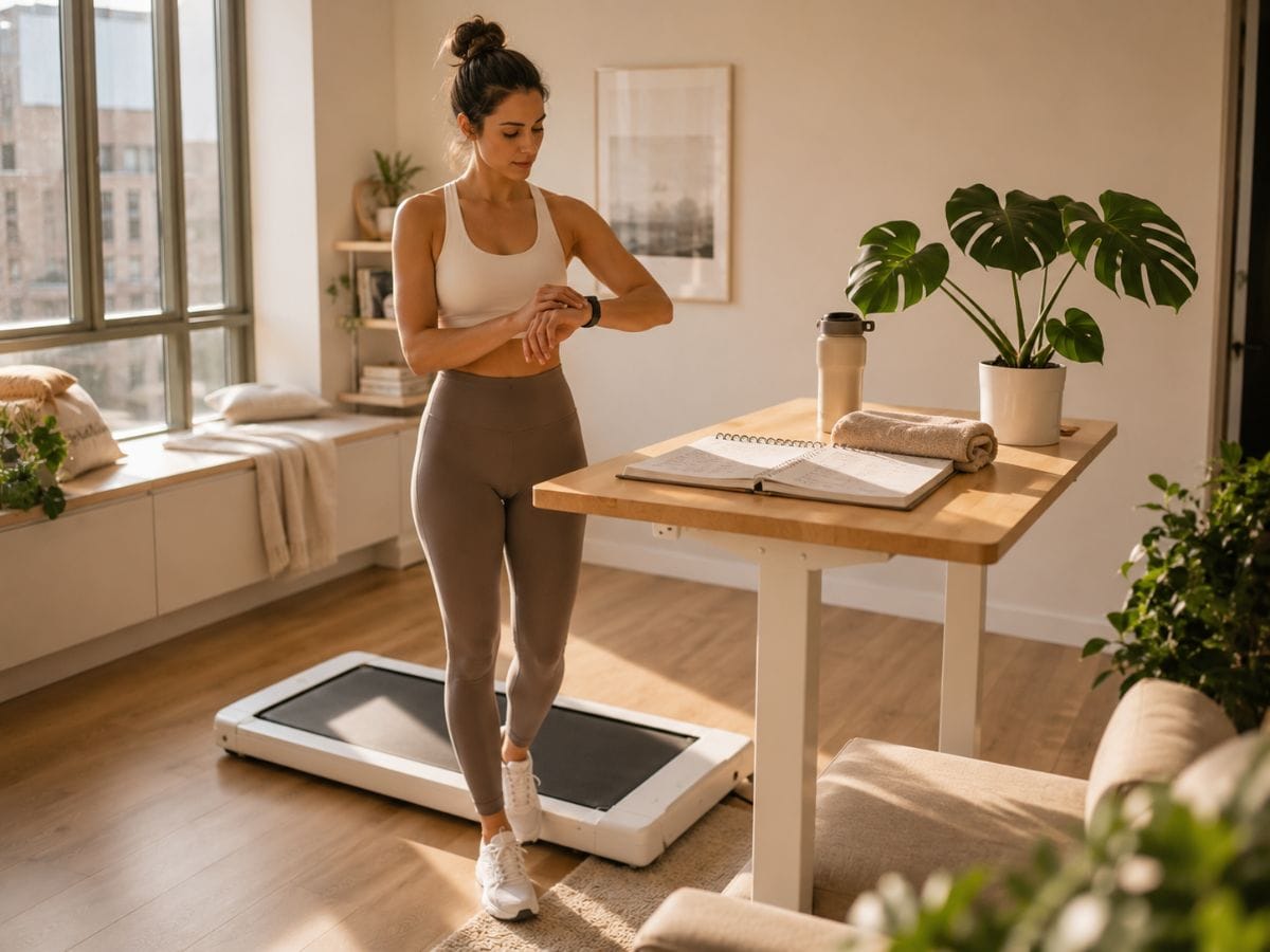 Daily walking pad routine in a modern apartment showing consistent walking habit for weight loss