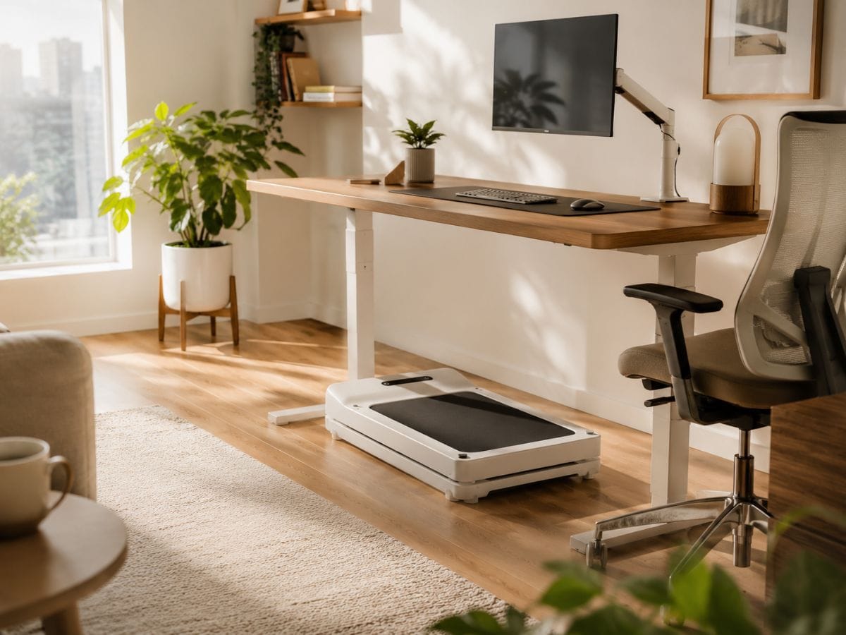 WalkingPad C2 folded under a standing desk inside a minimalist apartment home office