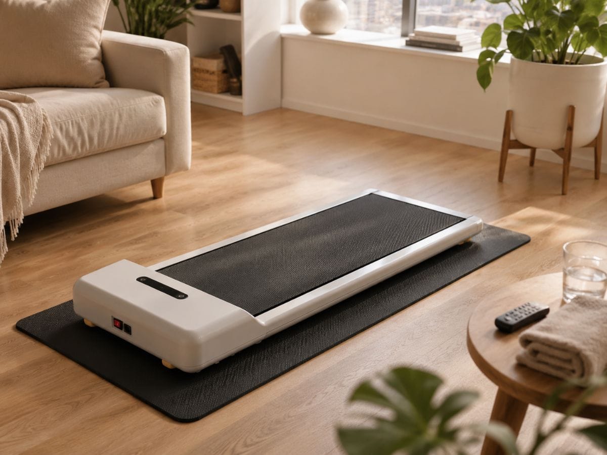 Walking pad placed on an equipment mat inside an apartment to reduce vibration and noise