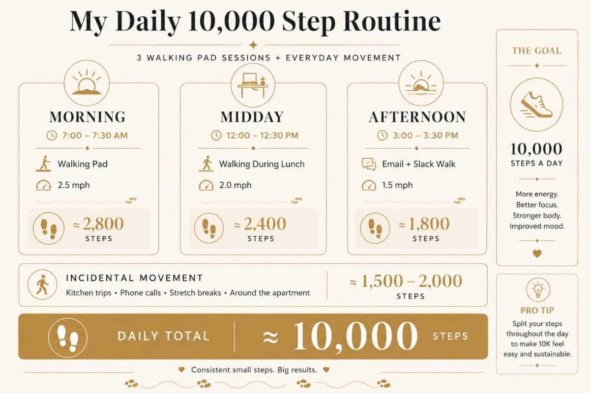 Daily walking pad schedule showing morning, midday, and afternoon step counts