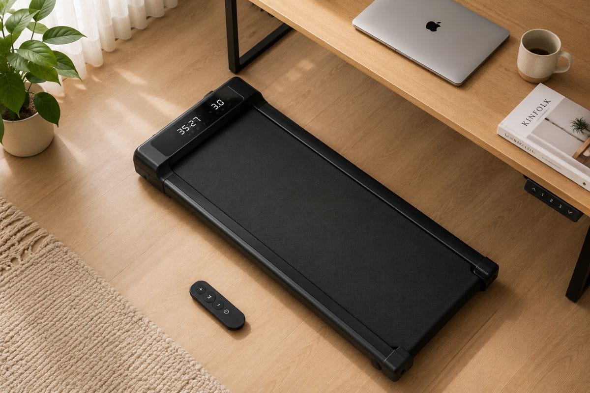 WalkingPad C2 positioned under a desk in a small apartment