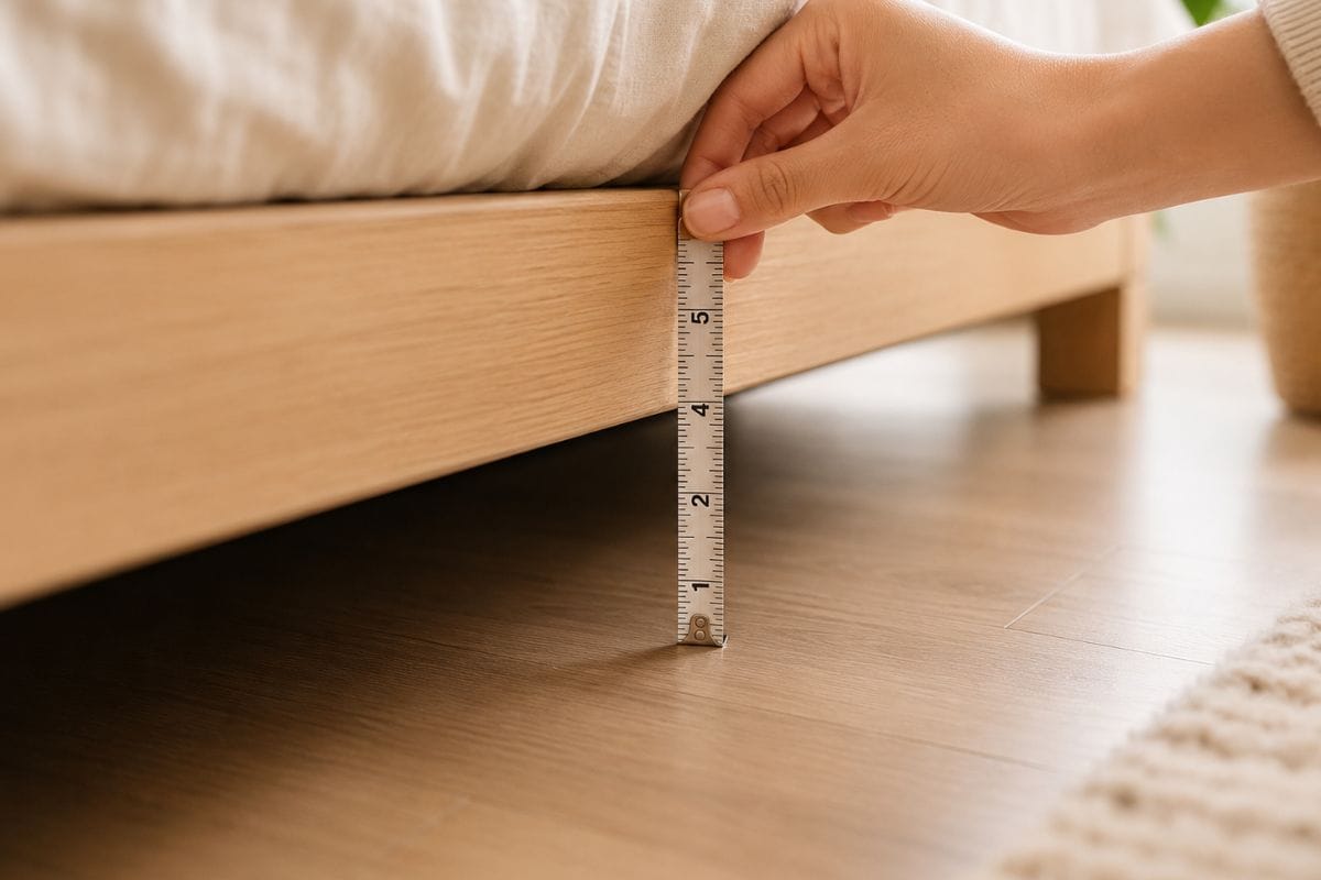 Measuring bed frame clearance from floor to frame with a tape measure