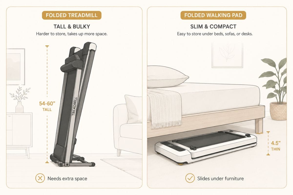 Diagram comparing a treadmill that folds upright versus a walking pad that folds flat
