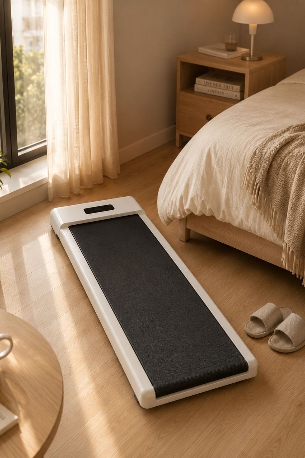Walking pad pulled out from under-bed storage ready to use in an apartment bedroom